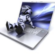 3D Render of a robot relaxing on a  laptop